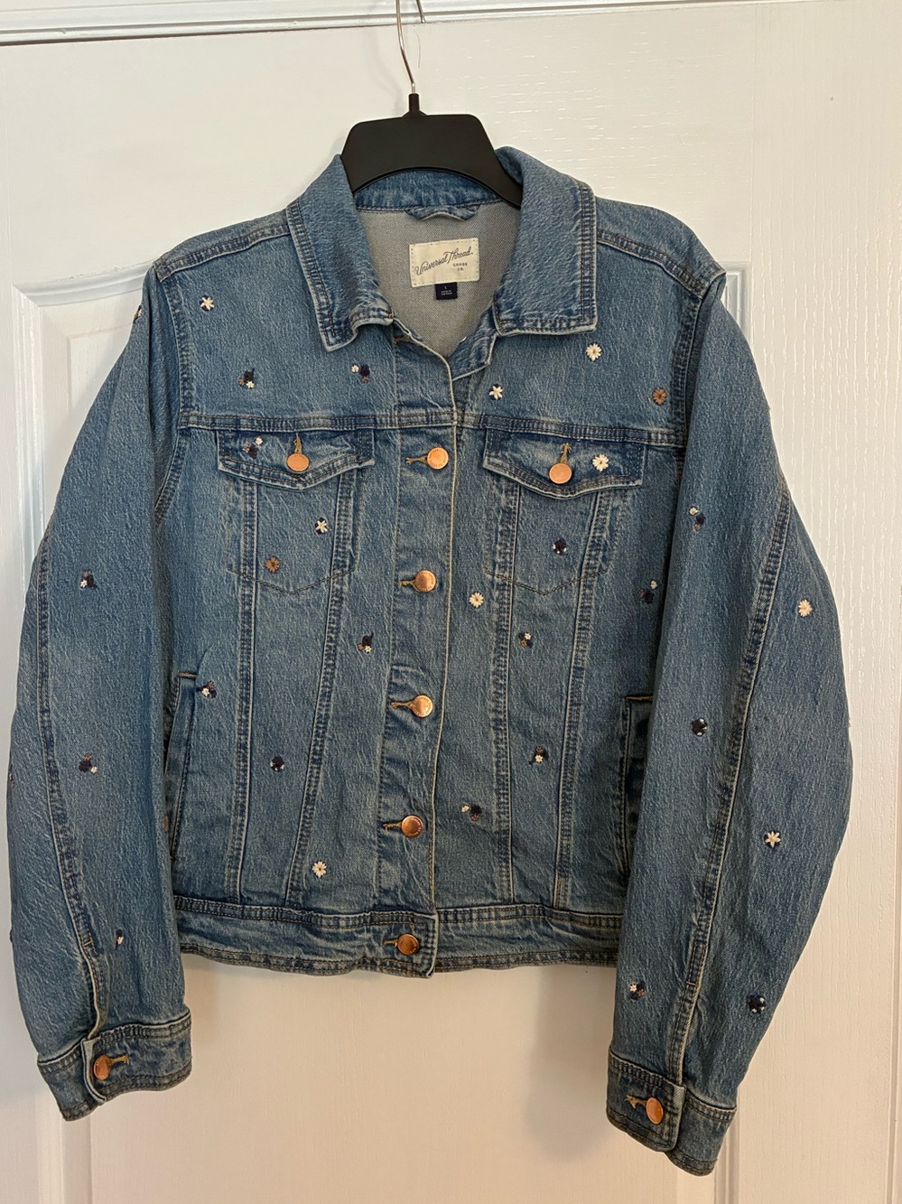 Universal Thread Blue Denim Jacket with Flower Embroidery